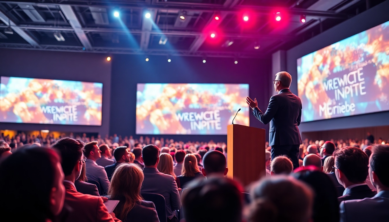 Keynote Speaker captivating an audience in a vibrant conference setting.