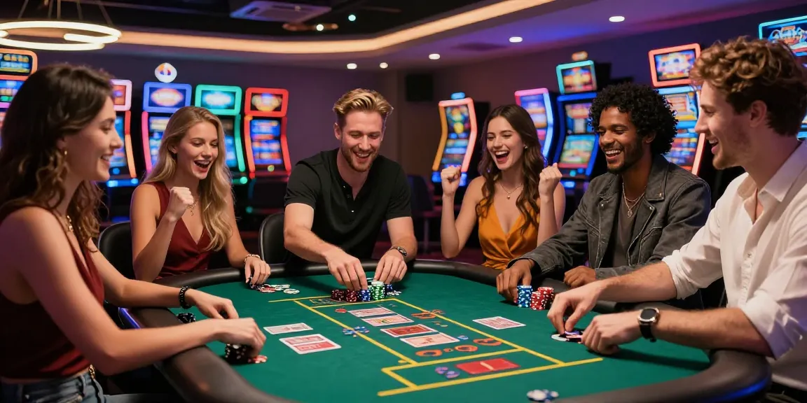 Friends celebrating a win at raja 328 gaming table in vibrant casino atmosphere.