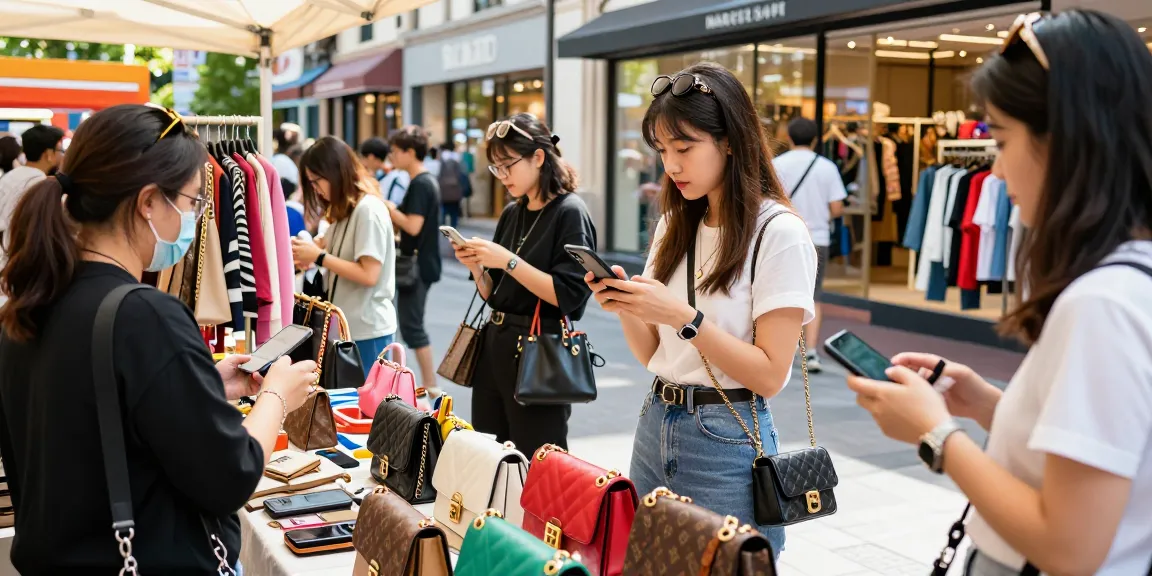 Shopping for quality 레플리카 쇼핑몰 handbags in lively urban marketplace.