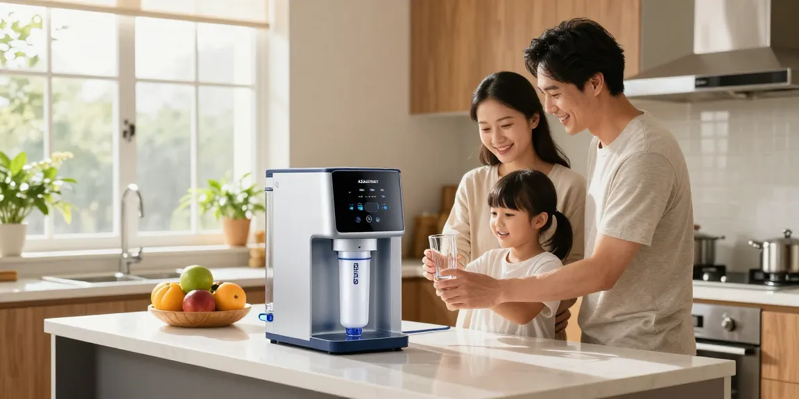 AQUACREST AP5527 Reverse Osmosis Pre and Post Water Filter Cartridge demonstrated in a bright kitchen as a family enjoys fresh water.