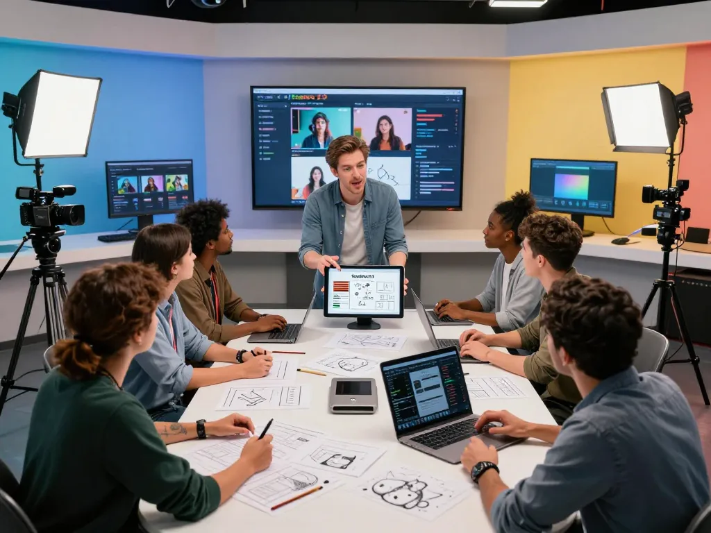 Creative video production team collaborating with ai seedance 2.0 in a modern studio setting.