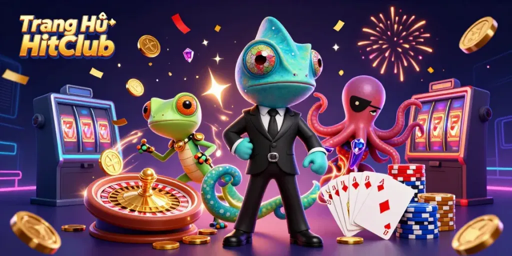 Win big with Trang Chủ HitClub as vibrant characters celebrate and game elements sparkle in a casino scene.