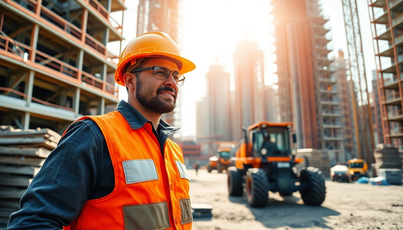 A construction career professional actively working on-site, showcasing dedication and teamwork in a vibrant atmosphere.