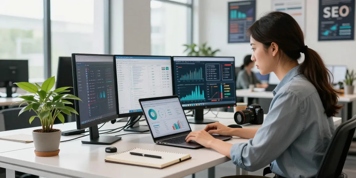 SEO specialist analyzing data on multiple screens, demonstrating best seo services for improved digital marketing strategies.