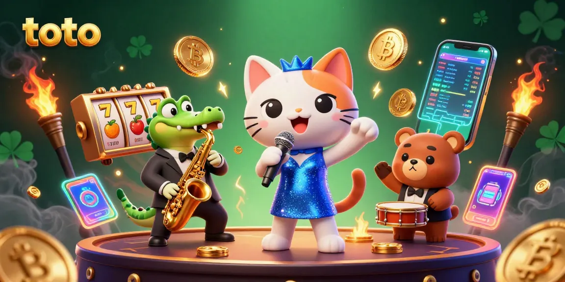 Toto-themed casino illustration depicting vibrant music and gaming action with a jazz-cat, crocodile, and bear.