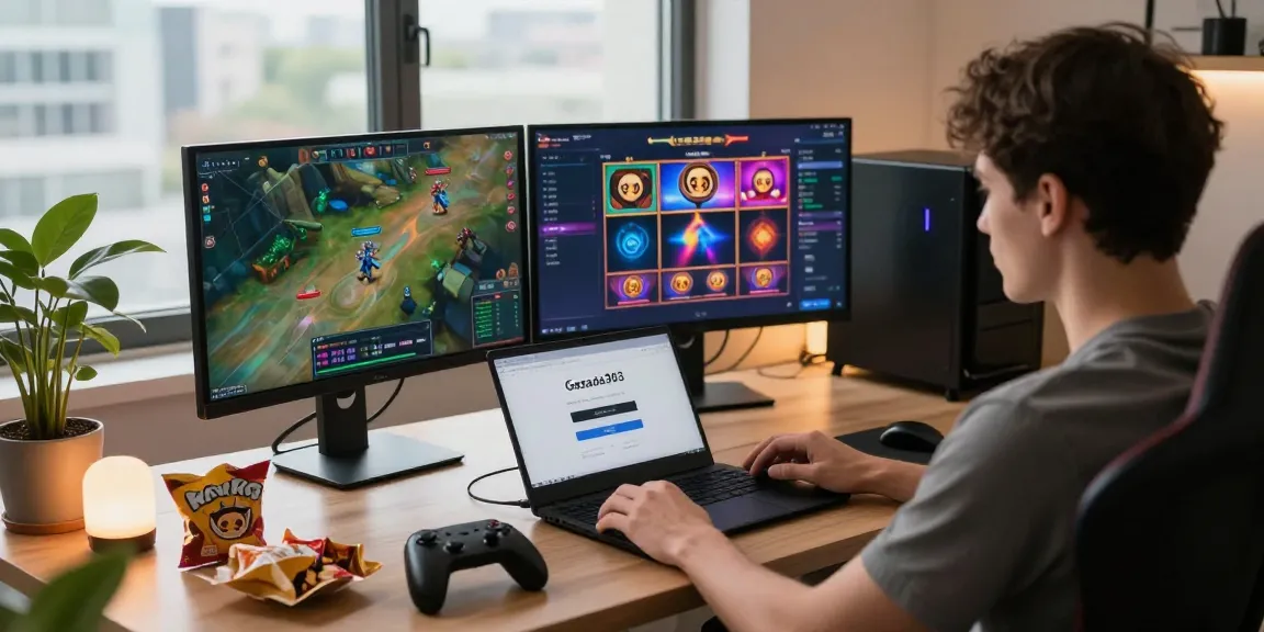 Engaging gamer using garuda303 login on laptop accompanied by snacks and game stats.