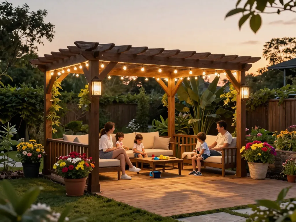 Family enjoying their garden under a custom pergola using a custom pergola configurator, creating a warm, inviting atmosphere.