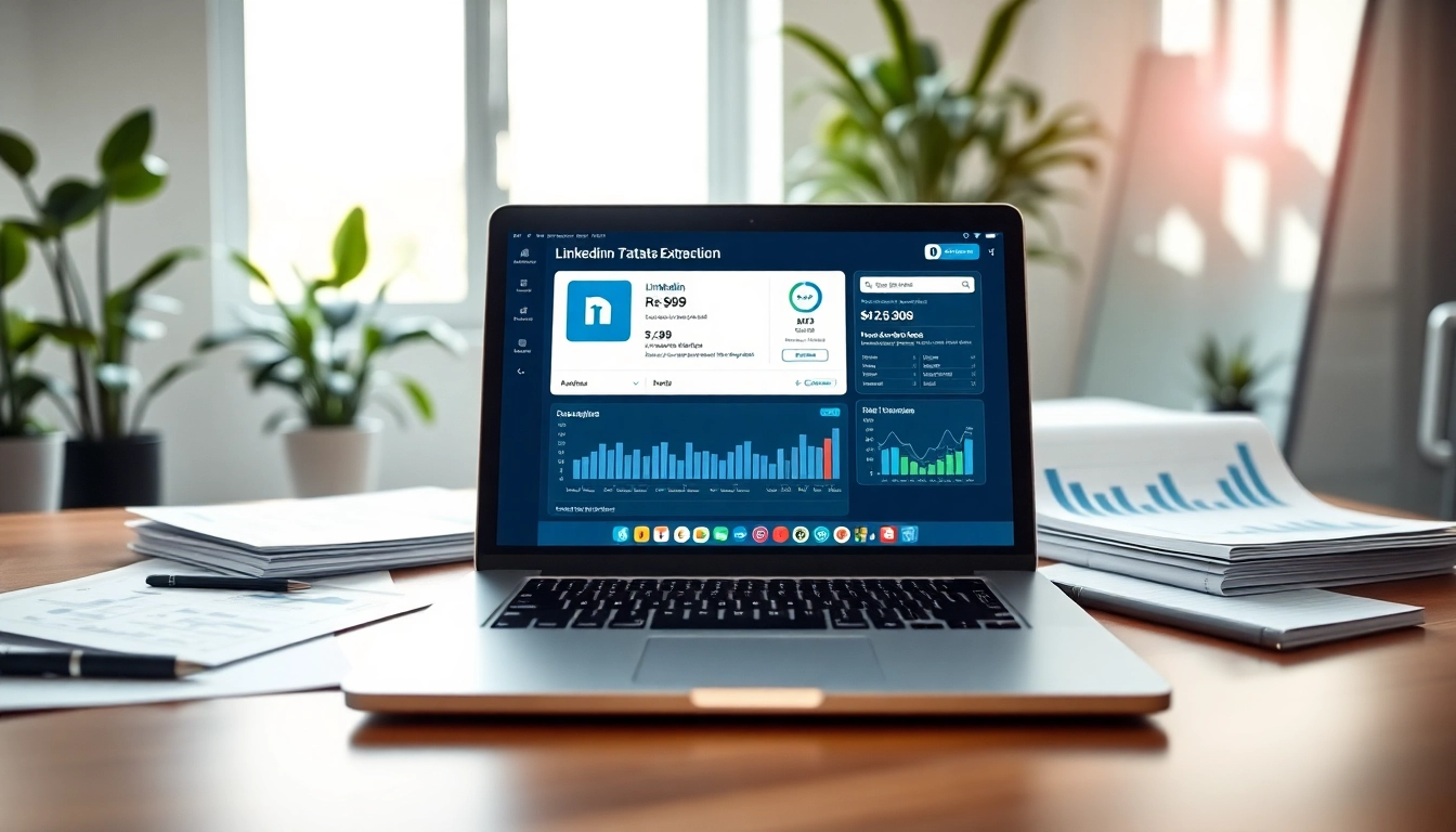 Utilizing a linkedin data extraction tool for professional data analysis in a modern office.