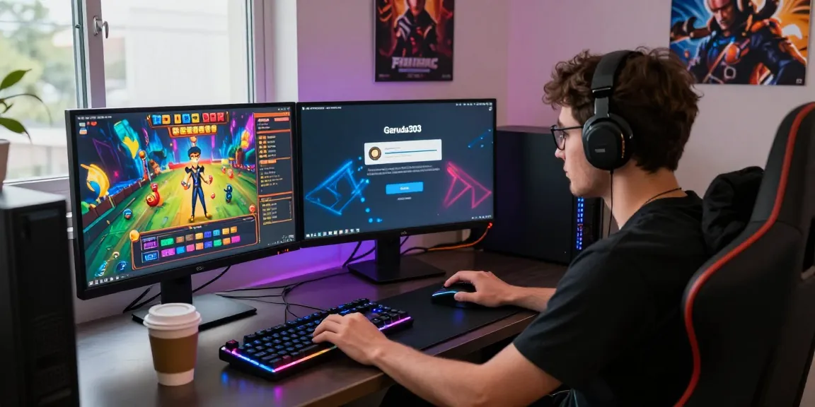 Gamer performing garuda303 login on dual monitors with vibrant slot games, showcasing the excitement of online gaming.