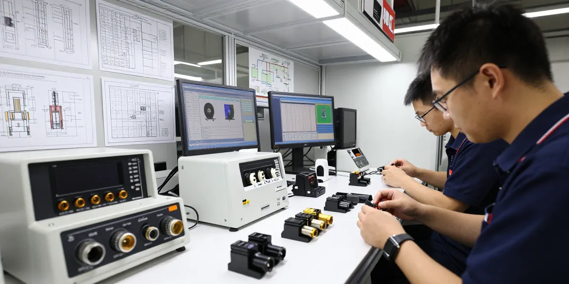 Technicians at work assembling automotive electrical connector manufacturers, showcasing precision engineering and quality control.