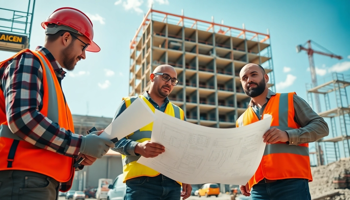 Construction career professionals analyzing plans on a vibrant job site.