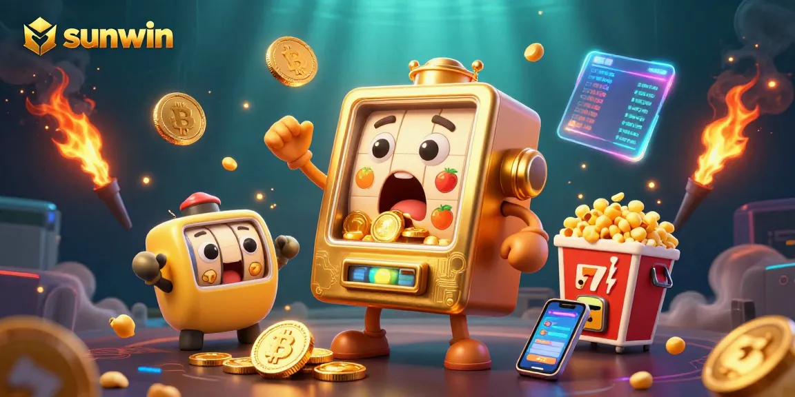 Spin to win with sunwin's golden slot machine, celebrating jackpots and crypto rewards in a vibrant casino.