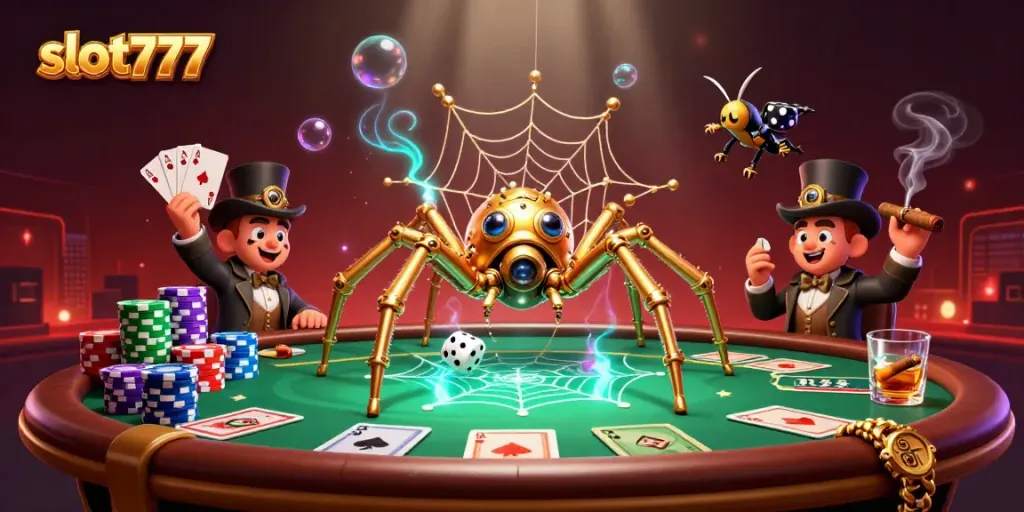 Permainan slot777 yang menarik, dengan karakter unik di latar belakang kasino yang glamor.