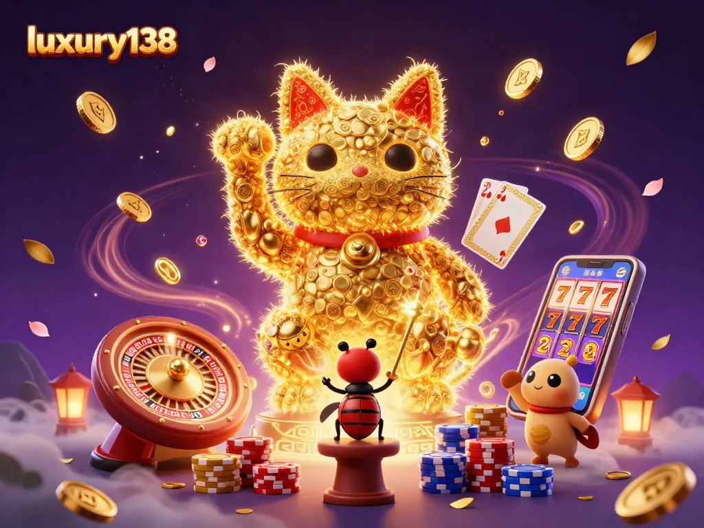 luxury138 menampilkan kucing keberuntungan dengan simbol kasino dan koin emas bertebaran.