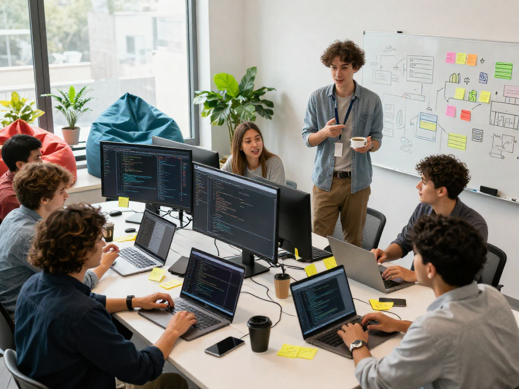 Team collaboration in a vibrant workspace focused on reseller hosting ilimitado solutions, showcasing tech innovation and teamwork.