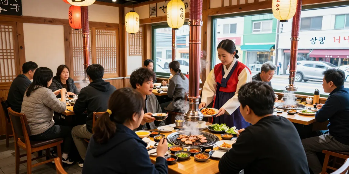 People enjoying 상봉동 한국관 dining experience with grilled dishes and vibrant decor.