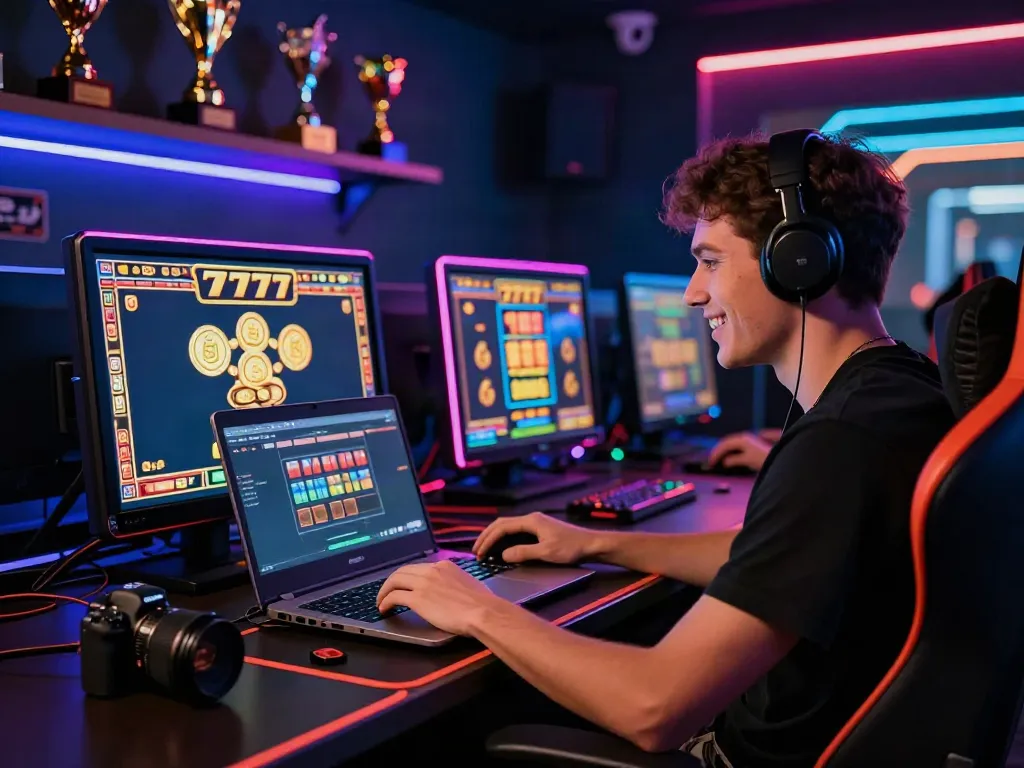 Permainan slot777 yang menarik di laptop dengan efek jackpot di layar, suasana online casino yang ceria.