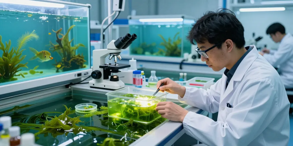 Researcher analyzing microalgae astaxanthin in a lab setting with vibrant glass containers and scientific equipment.
