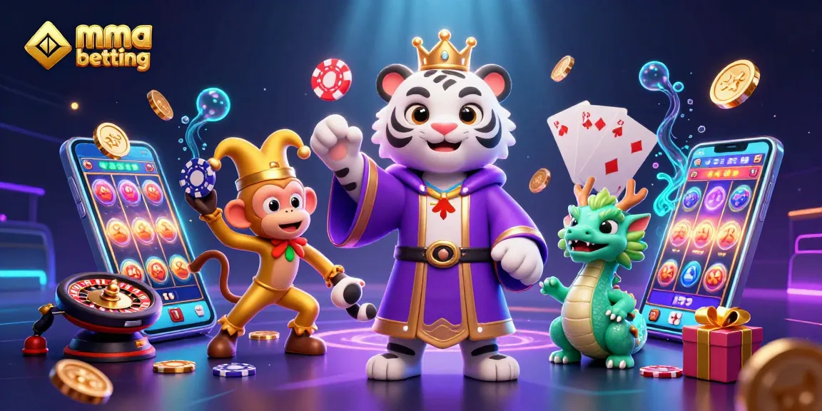 Engage in mma betting with the vibrant scene showcasing a tiger, monkey, and casino elements