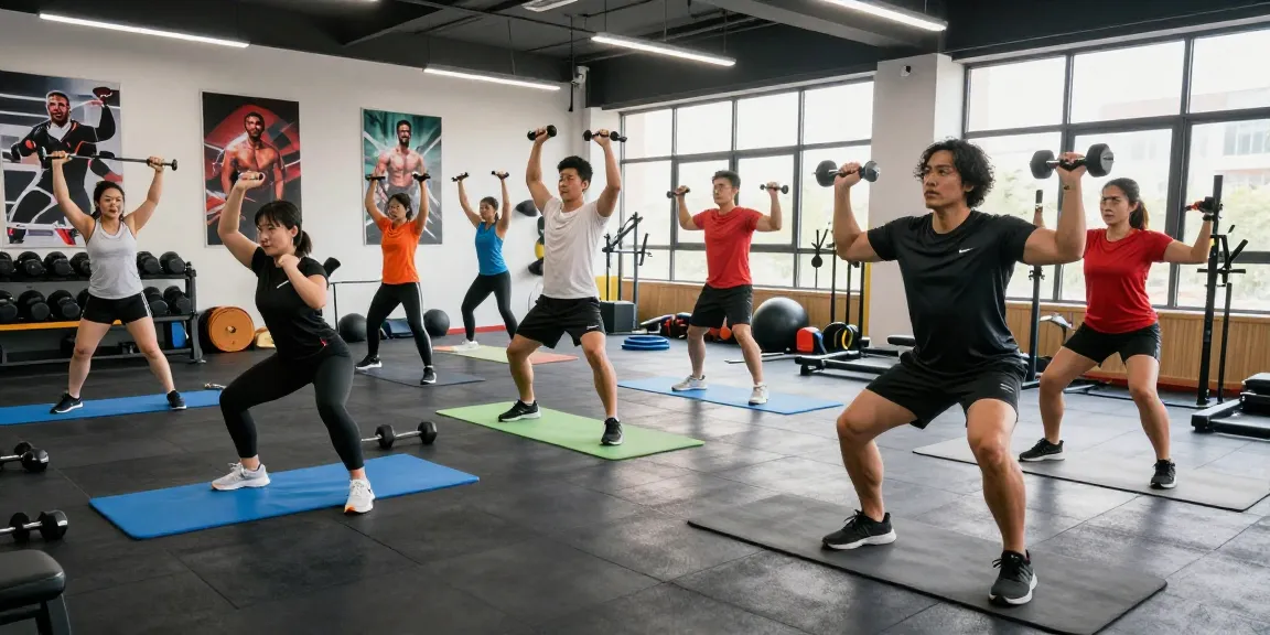 Unique Pharma Steroid Shop promoting fitness empowerment through intense group workout sessions in a vibrant gym.