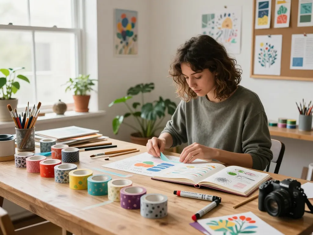 Creative artist using colorful washi tape in a bright craft studio.