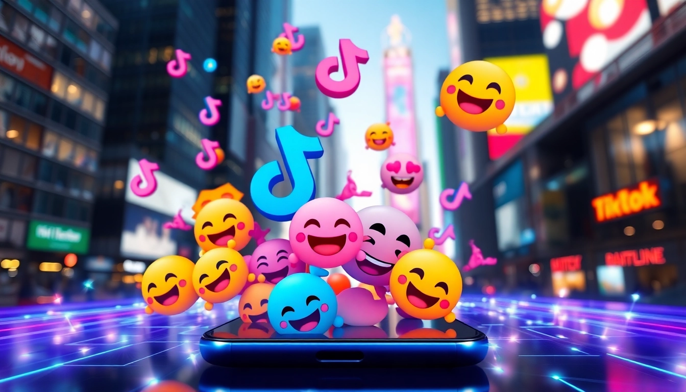 Explore vibrant tiktok emojis flying out of a smartphone, showcasing joy and creativity in a digital landscape.