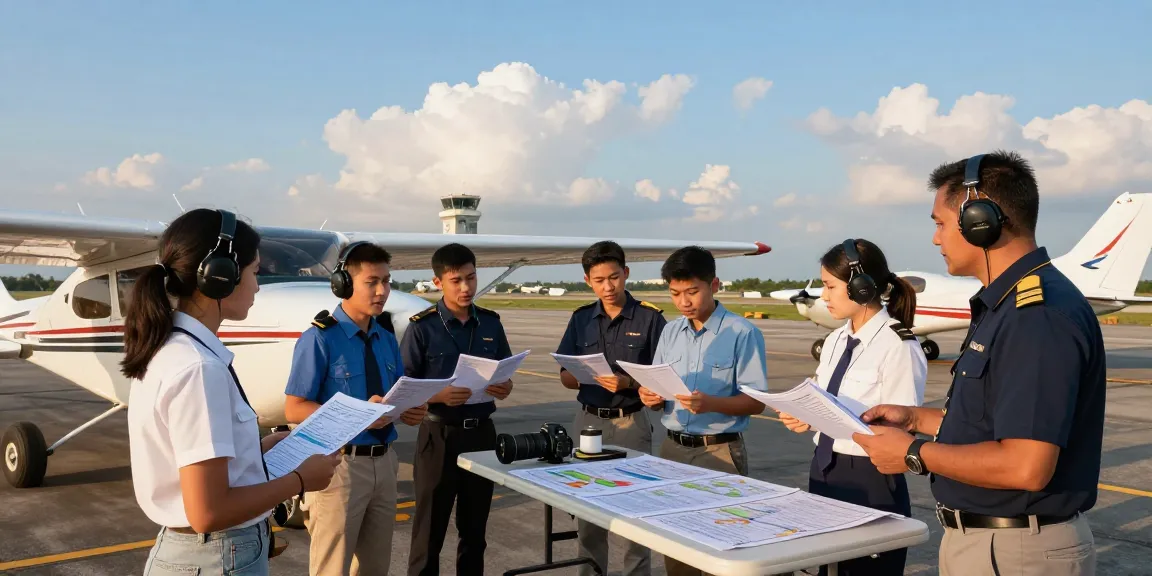 Flight training near me with diverse students learning from an instructor on a runway during golden hour.