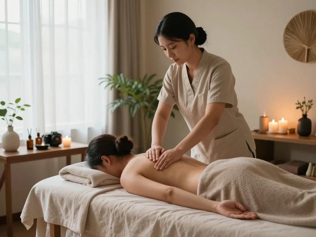 Massage therapy session in a serene spa with soothing ambiance and aromatic oils.