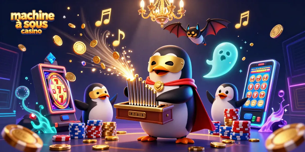Jouez aux machines à sous casino avec un pingouin fantôme et une scène vibrante de jeux.