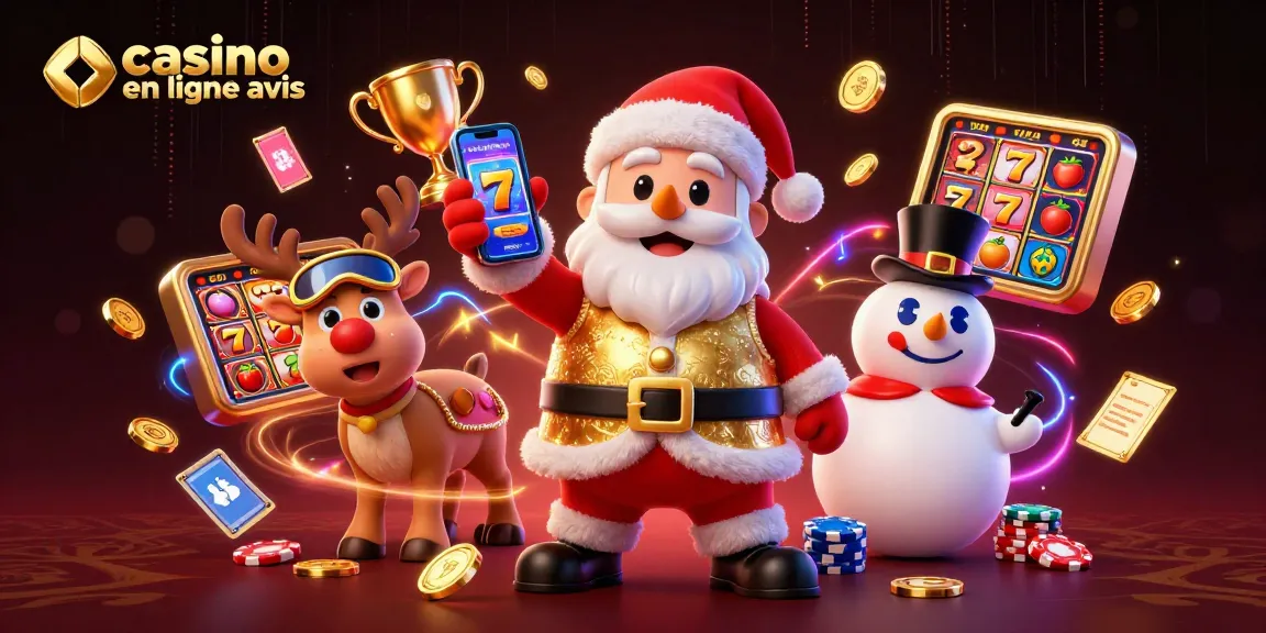 Avis sur les casinos en ligne : Le Père Noël et ses amis (un renne et un bonhomme de neige) jouent dans un casino rempli de machines à sous et de jeux dominants.