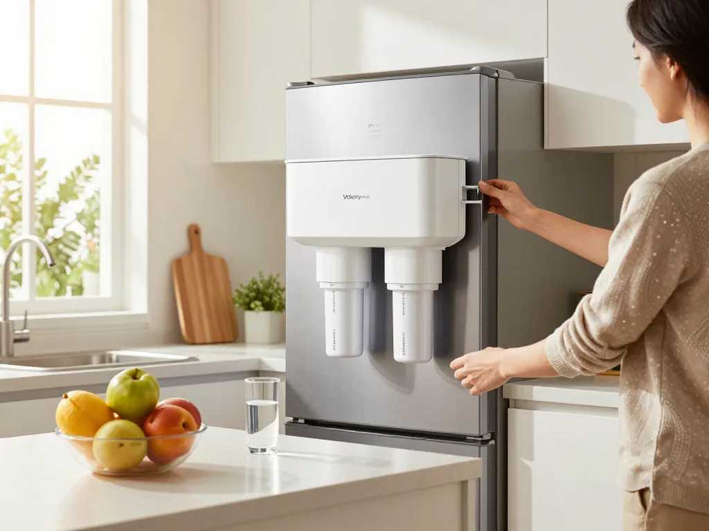 Person installing Waterdrop Plus LT1000PC ADQ747935 NSF 401 Refrigerator Water Filter and Air Filter in a modern kitchen.