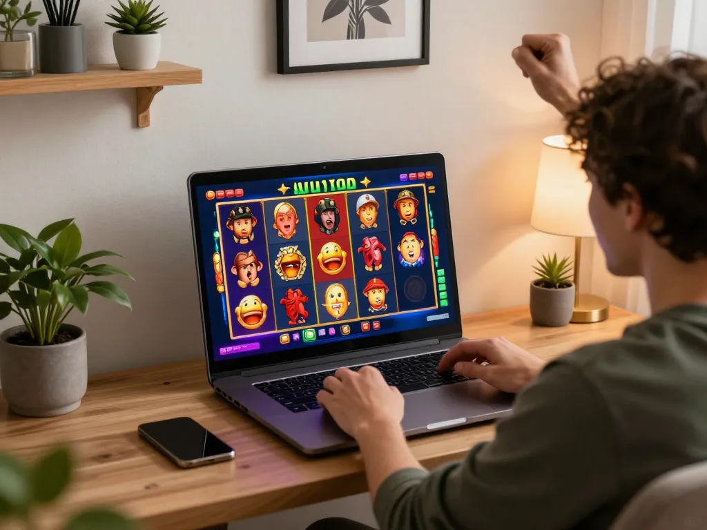 Engaged player celebrating a win while playing slots online at home.