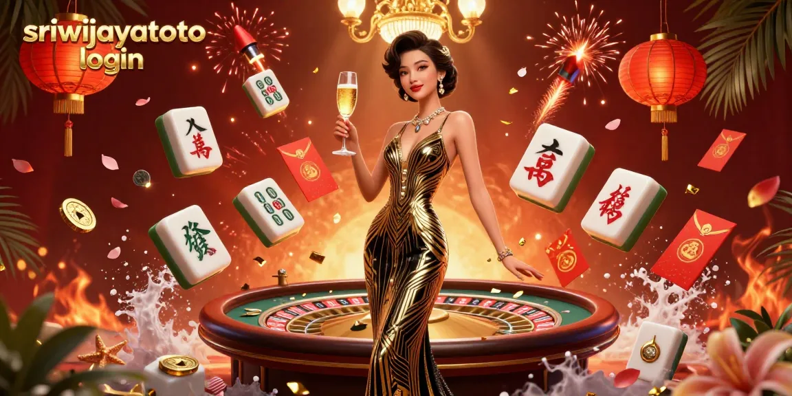 Engage in a thrilling gambling experience with sriwijayatoto login, highlighted by a glamorous Asian woman amidst golden decorations and casino elements.