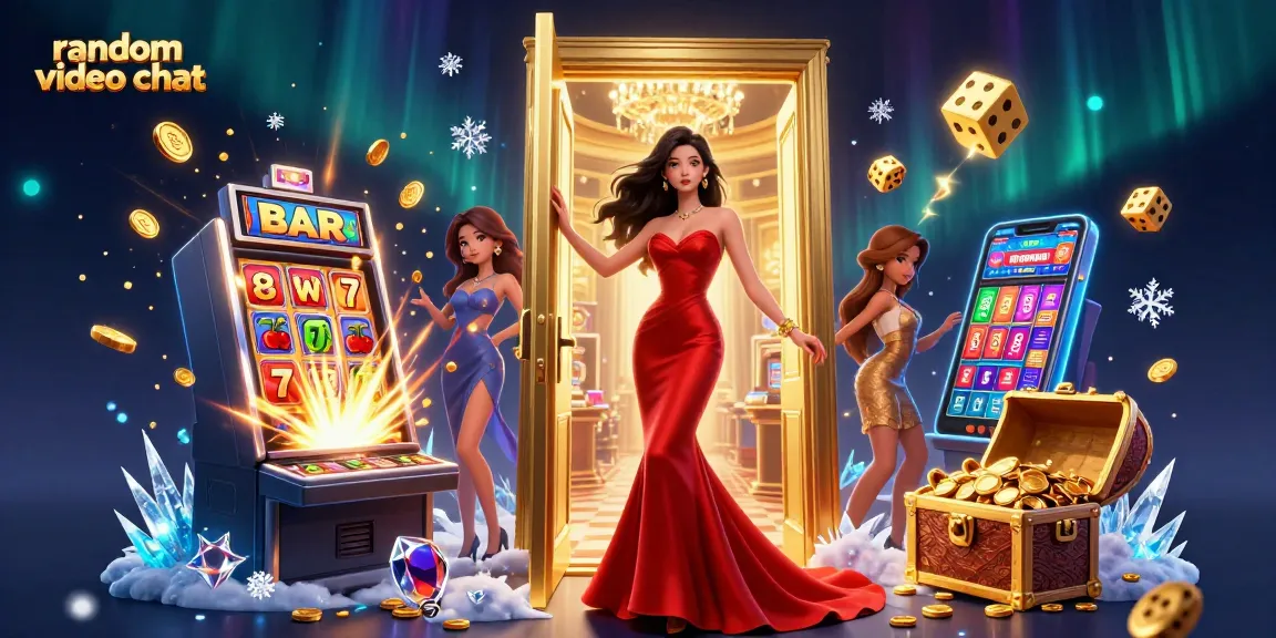 Engage in random video chat with beautiful Asian woman among exploding slot machine elements.