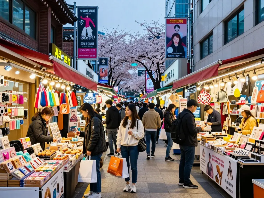 Vibrant shopping experience in Seoul featuring dynamic urban streets and colorful storefronts.