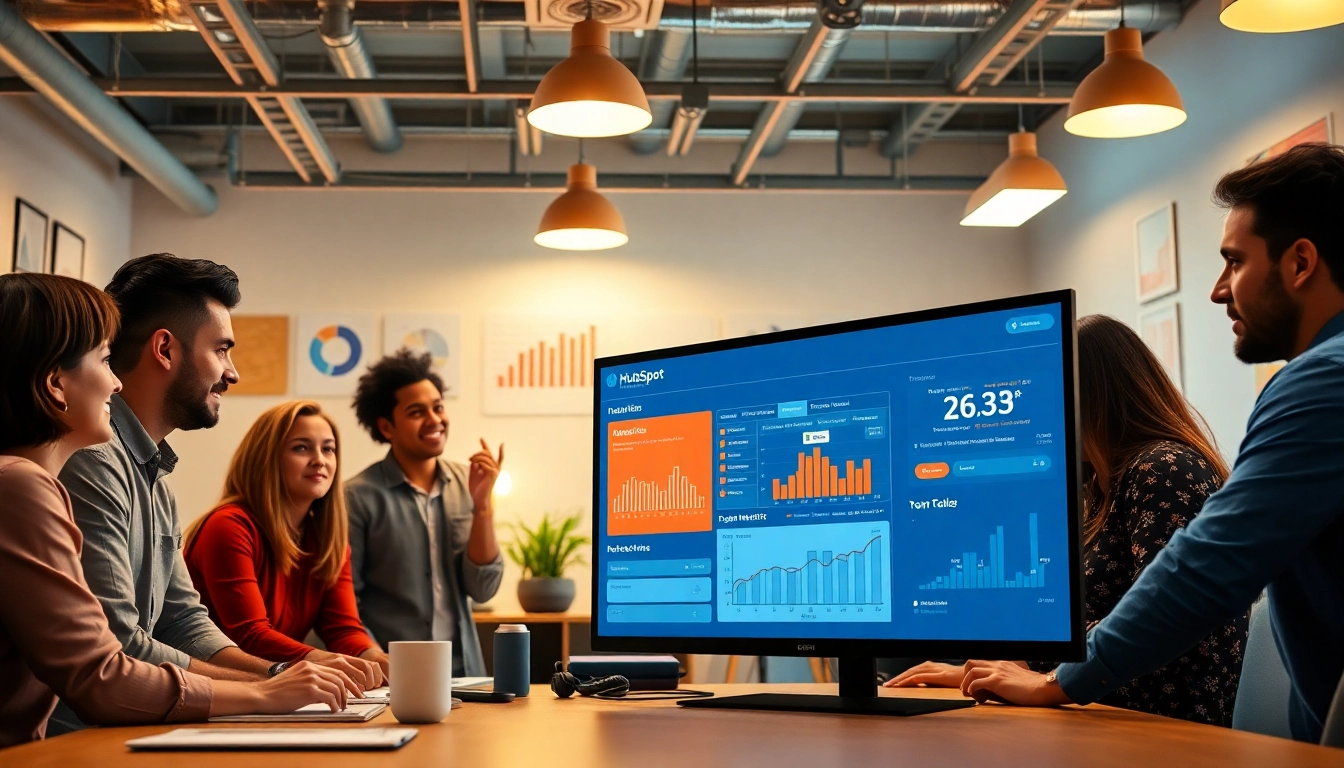 Dynamic team strategizing for agencia hubspot with high-tech displays in a modern office.