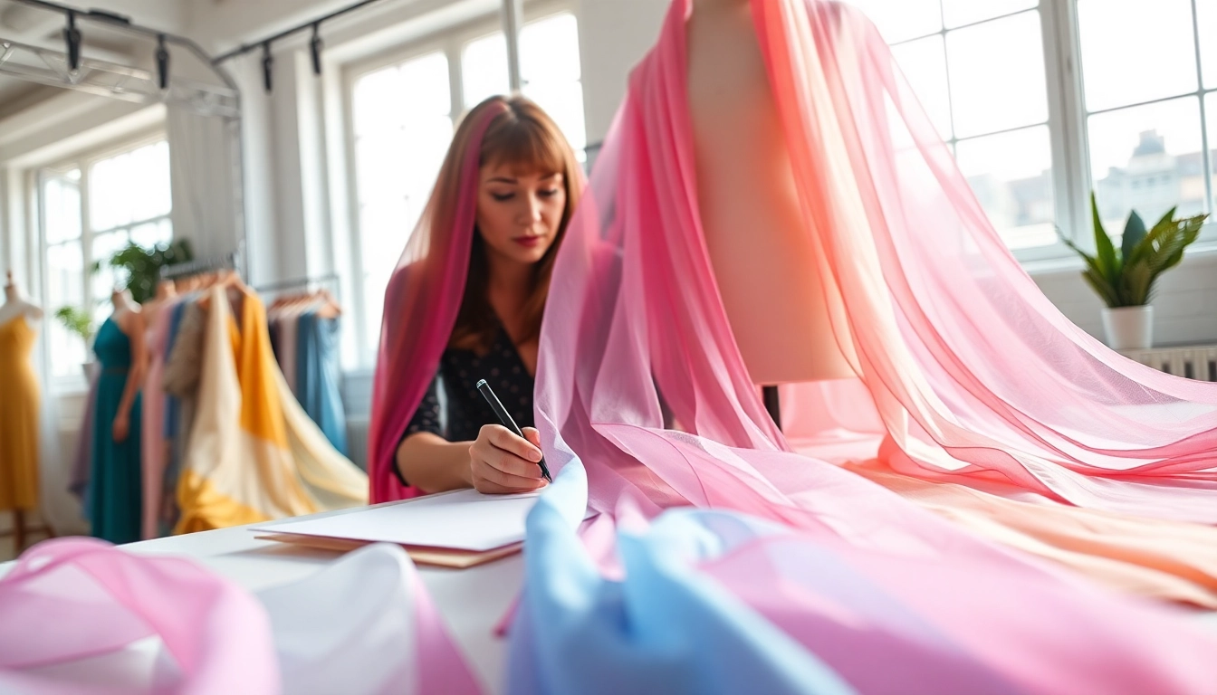 Chiffon stof in gebruik door een modeontwerper met kleurige stoffen en schetsen.