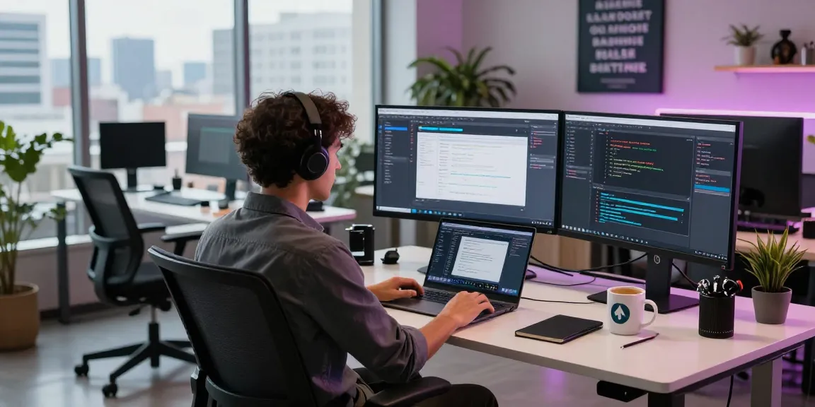 A software developer at a modern tech workspace, coding with multiple screens, highlighting cika4d innovations.