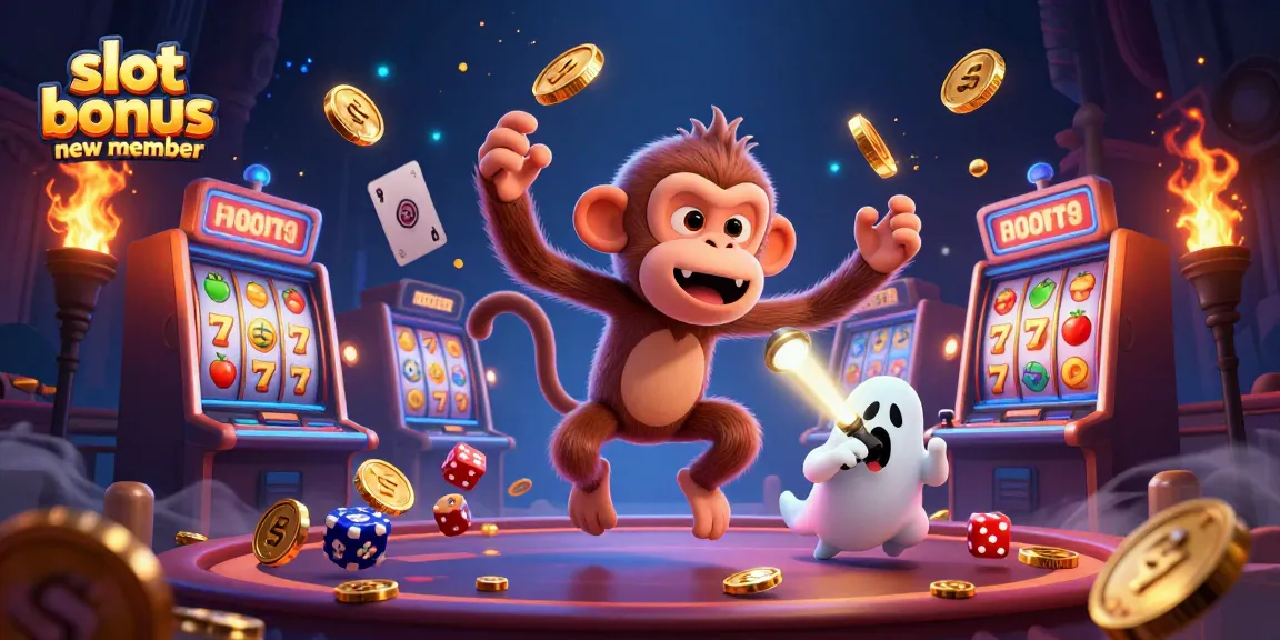 Experience the thrill of a slot bonus new member with a playful poltergeist monkey juggling gold in a haunted casino.