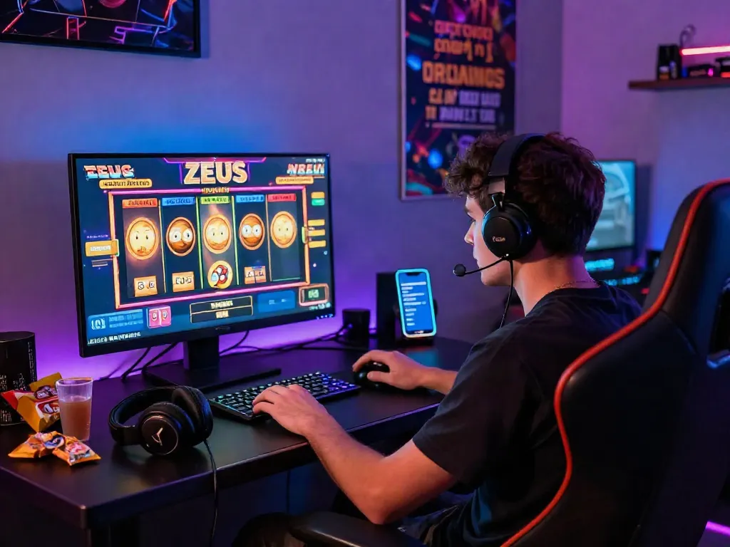 Pengguna sedang bermain slot zeus dalam atmosfer gaming yang dinamis, dengan layar penuh warna dan pencahayaan yang menarik.