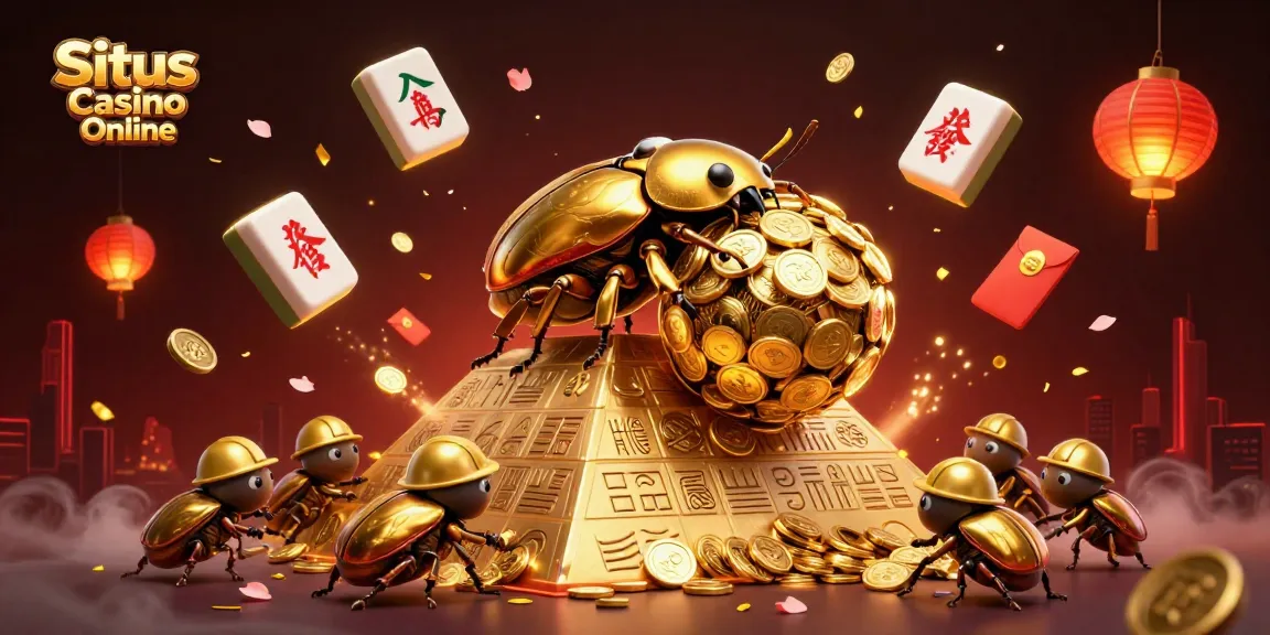 Situs Casino Online illustration showcasing a golden dung beetle with coins, vibrant casino symbols, and festive decorations.
