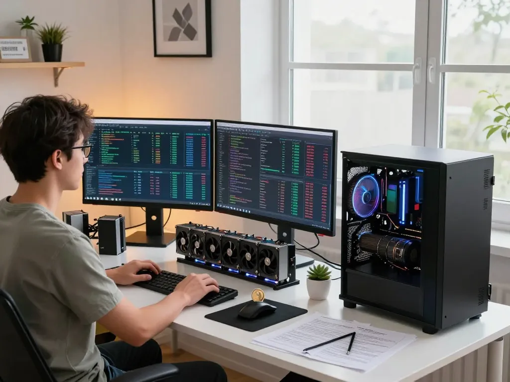 Engaging online crypto mining setup with advanced hardware and stats displayed on screens.