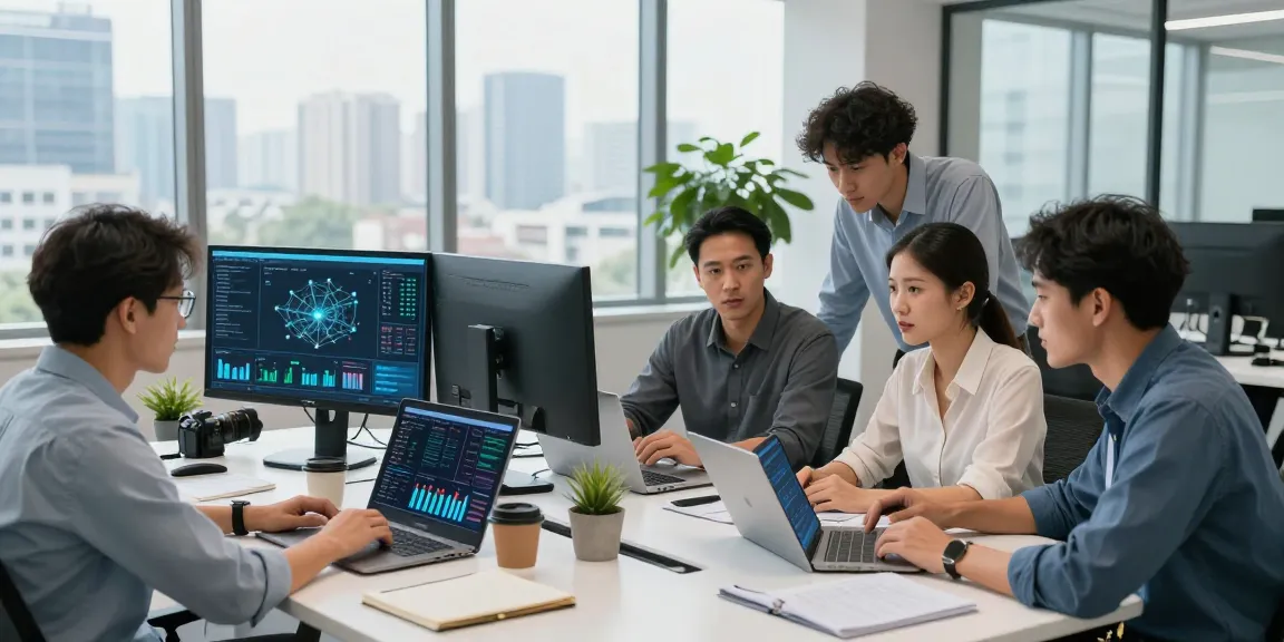 Team collaborating on effective it business support strategies in a modern office, showcasing diverse professionals and tech devices.
