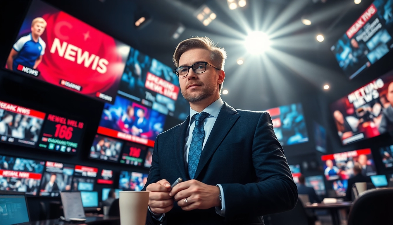 Capture news journalist reporting dynamic headlines in a vibrant, bustling newsroom.
