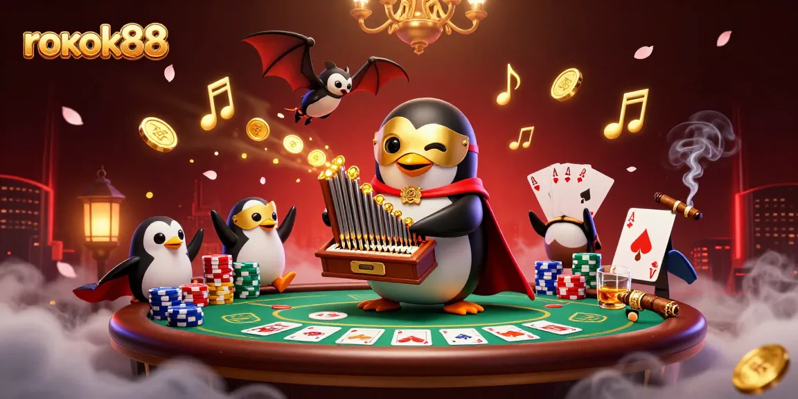 Experience rokok88's thrilling gameplay with a captivating illustration of high-stakes poker and vibrant casino elements.