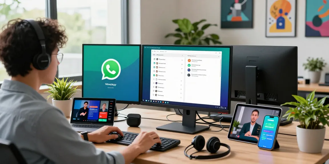Engaging WhatsApp電腦版 workspace with multiple screens and tech gadgets.