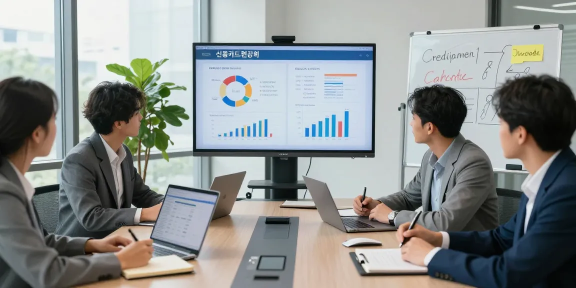 Financial team discussing 안전한 신용카드현금화 strategies in a bright modern office with data presentations and collaborative spirit.