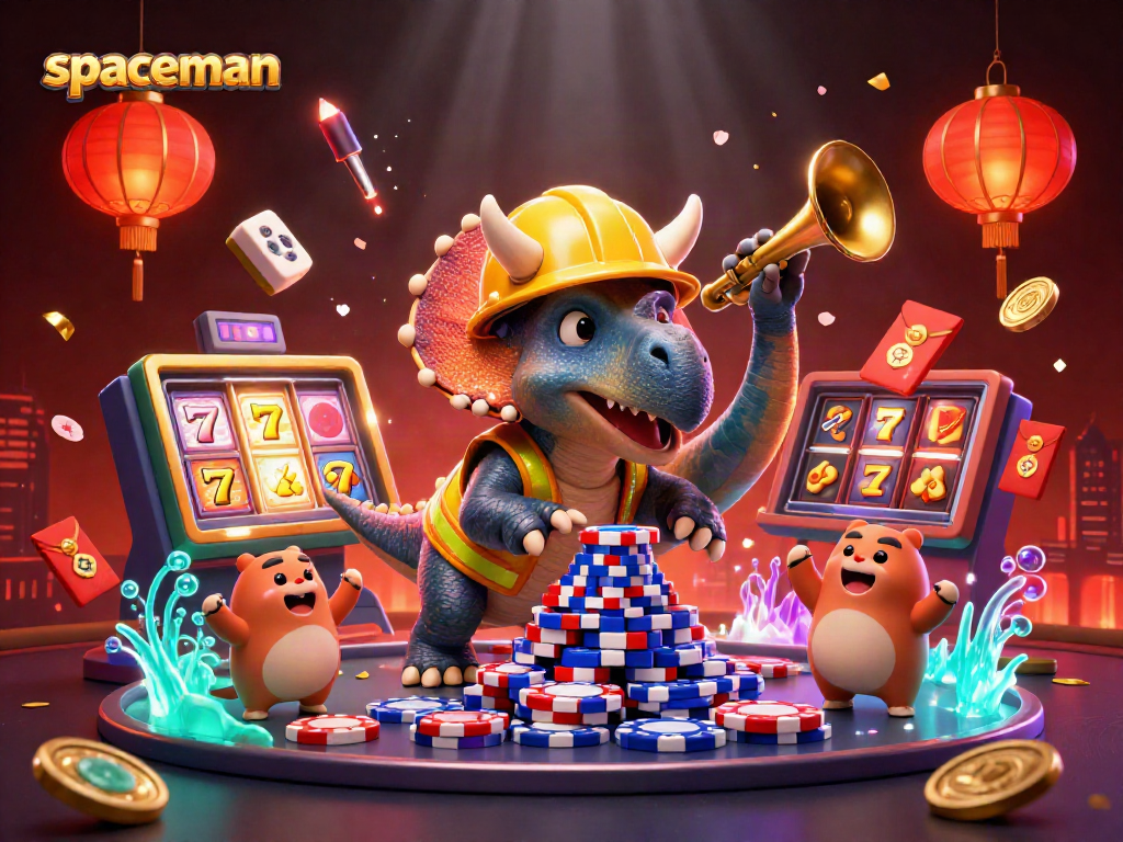 Spaceman themed casino scene with a triceratops stacking poker chips and slot reels spinning