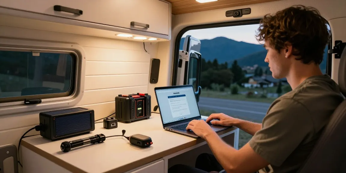 Comfortable van workspace with ROKOK88 login on laptop, showcasing modern van conversion essentials and scenic view.