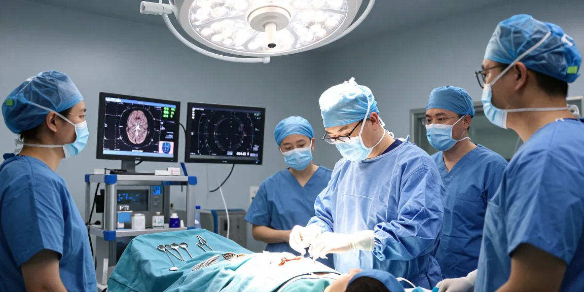 Brain surgery environment featuring a neurosurgeon and medical team preparing for beyin ameliyatı, showcasing surgical tools and patient monitoring.